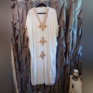 White Kaftan Dress With Gold/Bronze Embroidery OS
